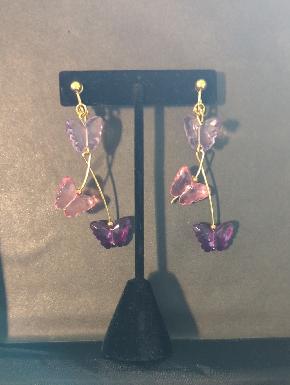 Purple & Pink Clip On Butterfly Drop Earrings